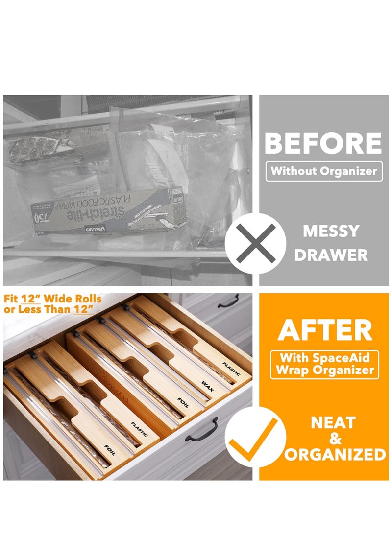 3 in 1 Cling Film Organiser with Cutter and Label, Plastic Cling Film, Aluminium Foil and Wax Bamboo Dispenser, Suitable for Kitchen Storage Organisation, Holds 12