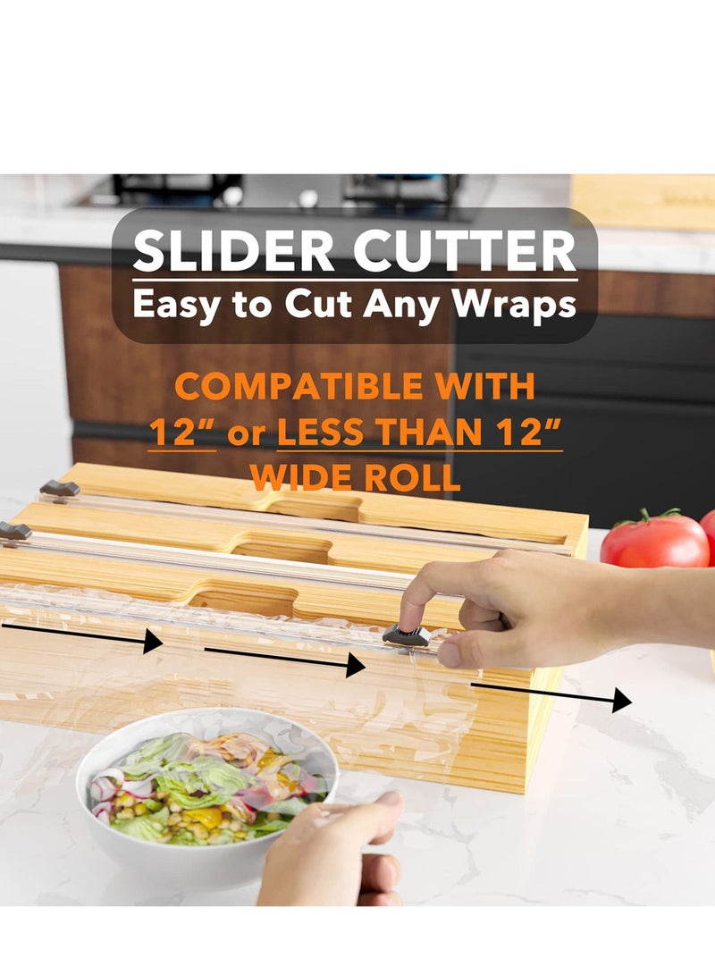 3 in 1 Cling Film Organiser with Cutter and Label, Plastic Cling Film, Aluminium Foil and Wax Bamboo Dispenser, Suitable for Kitchen Storage Organisation, Holds 12