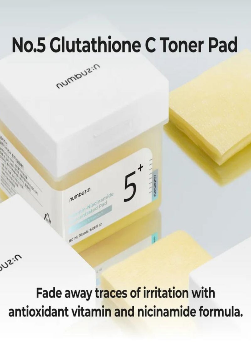 Numbuzin No.5+ Niacinamide Concentrated Toner Pads - 70 Pads with Glutathione, Niacinamide, PHA & LHA | 180ml Korean Skincare Set