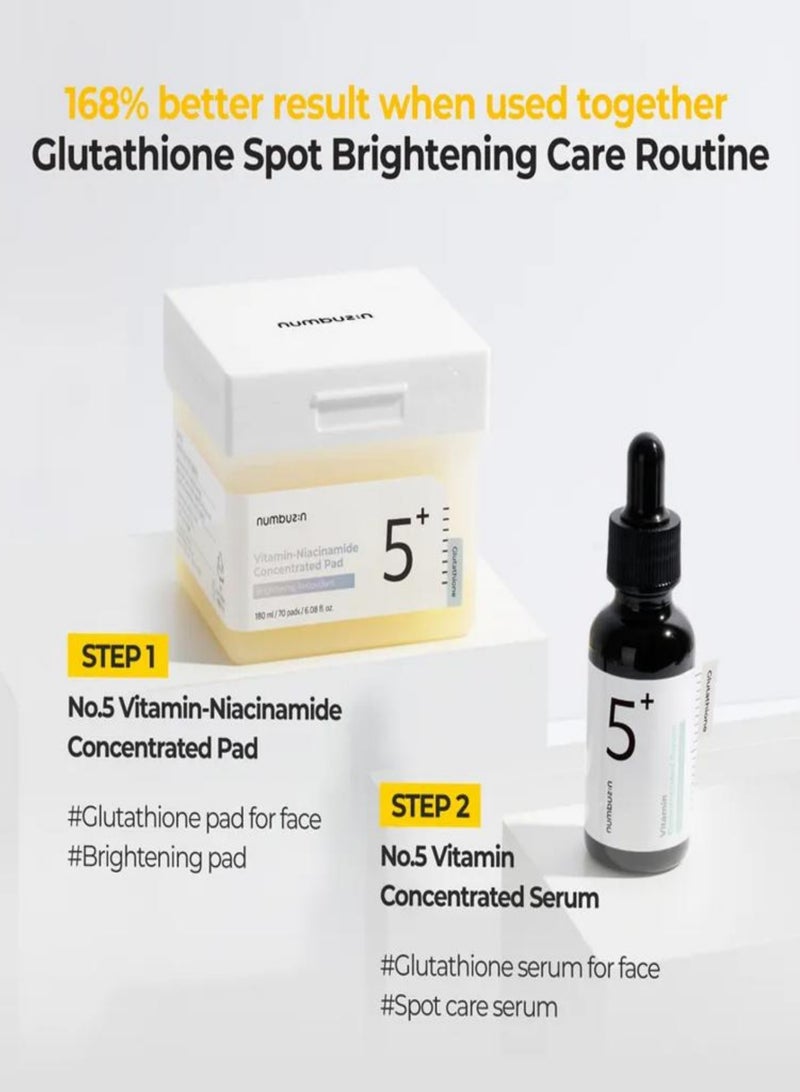 Numbuzin No.5+ Niacinamide Concentrated Toner Pads - 70 Pads with Glutathione, Niacinamide, PHA & LHA | 180ml Korean Skincare Set