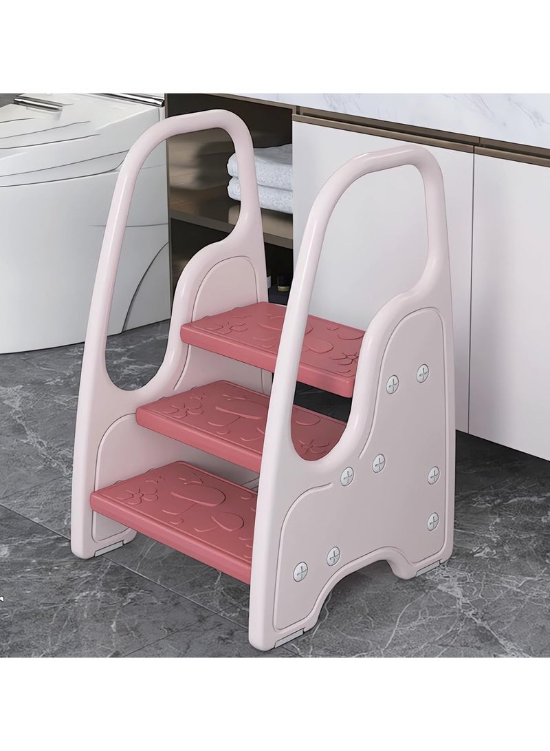 Toddler Step Stool Chair Kids 3 Step Standing Tower for Toddlers Plastic Learning Helper Stool for Kitchen Counter Bathroom Sink Toilet Potty Training with Handles and Non-Slip Pads (Pink)