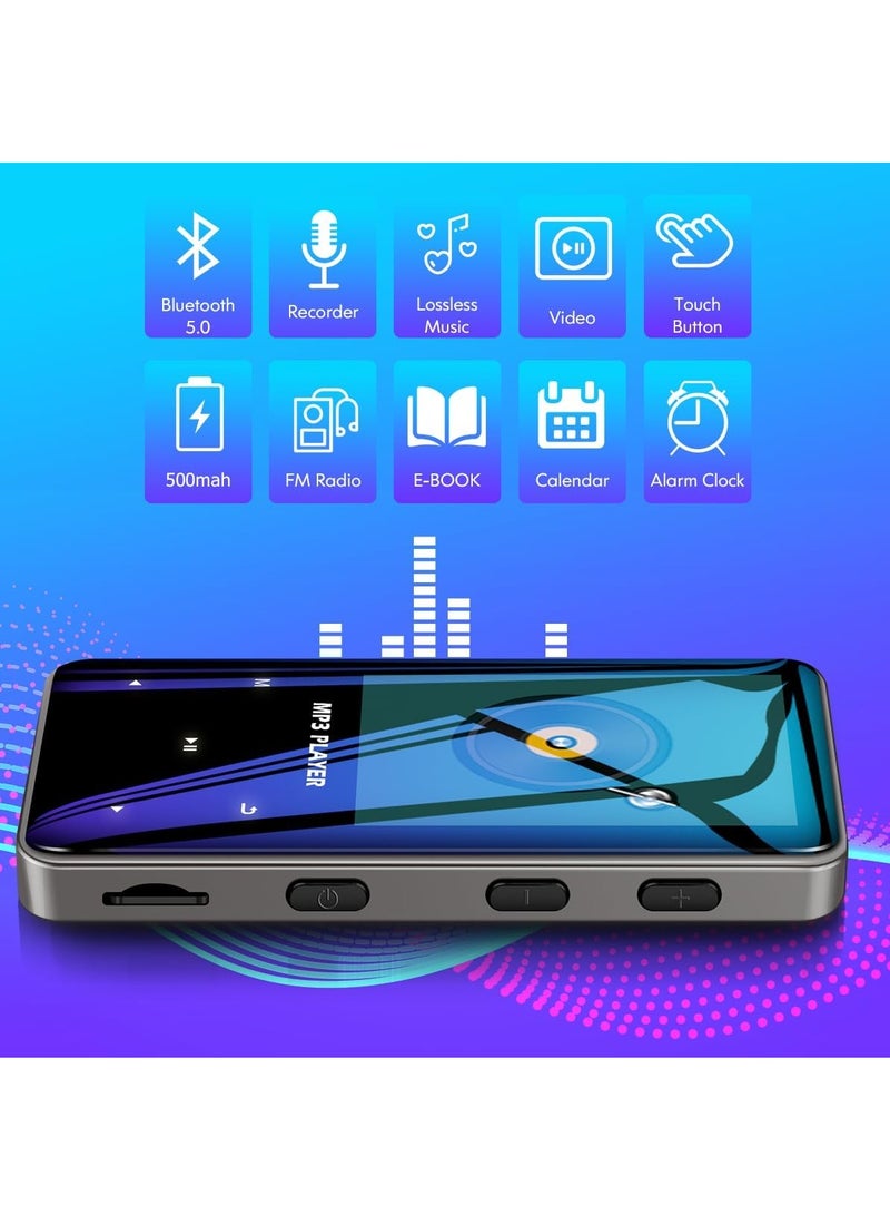 32GB Mp3 Player with Bluetooth 5.0 Music Player Voice Recorder Portable Digital Lossless Music MP3 MP4 Player for Kids with FM Radio HD Speaker for Sports Running Super Light Metal Shell Touch Buttons Support 128GB Expansion