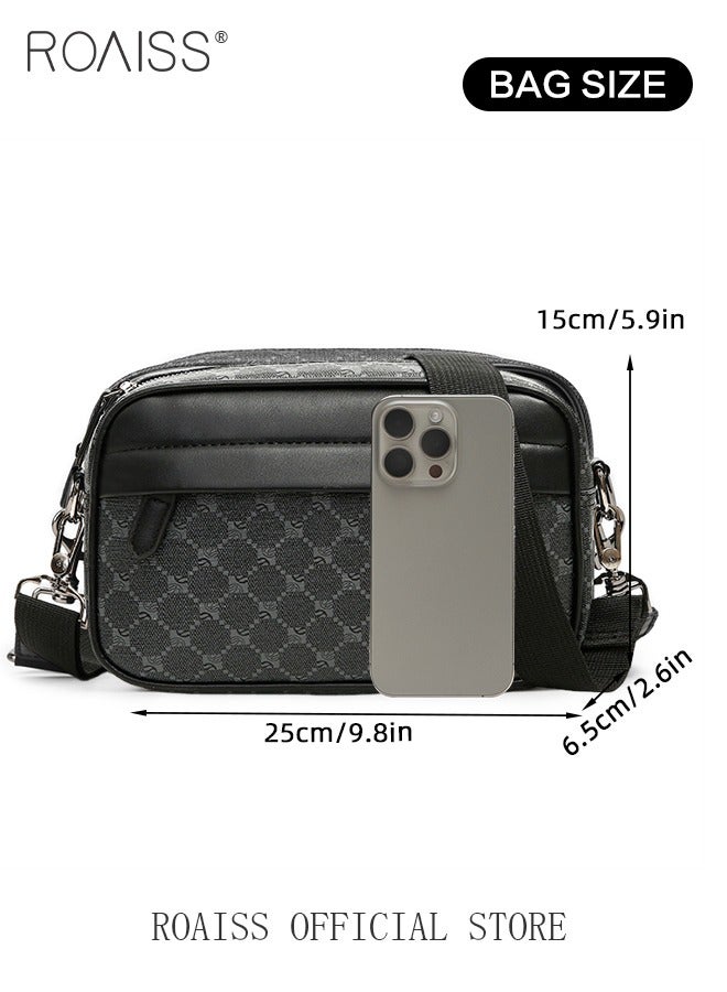 Plaid Pattern PU Leather Crossbody Bag for Men 5 Pockets Adjustable Strap Waterproof Large Capacity Shoulder Bag Mens Business Commuting Leisure Travel Street Trend Backpack