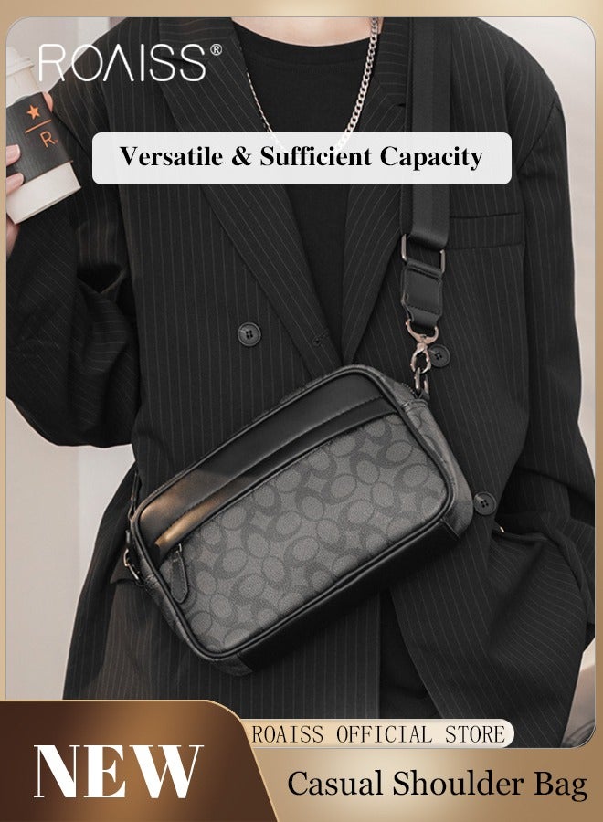 Plaid Pattern PU Leather Crossbody Bag for Men 5 Pockets Adjustable Strap Waterproof Large Capacity Shoulder Bag Mens Business Commuting Leisure Travel Street Trend Backpack