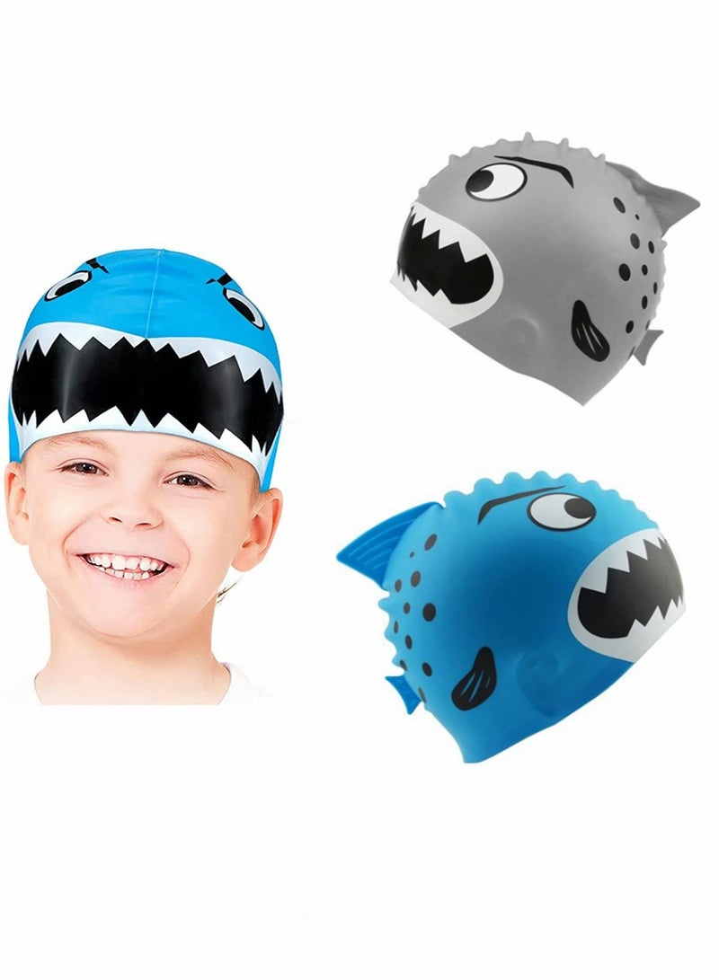 Kids Swimming Caps, Waterproof Silicone Swim Caps with Fun Animal Designs, Soft and Lightweight for Boys and Girls (Ages 3-12, Shark Pattern, Set of 2)