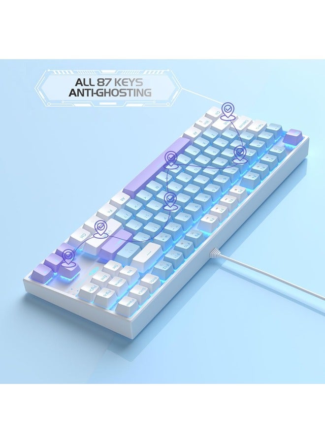 Mechanical Gaming Keyboard with Blue Switch, LED White Backlit Keyboard, 87 Keys Compact TKL 75% Wired - Blue/White