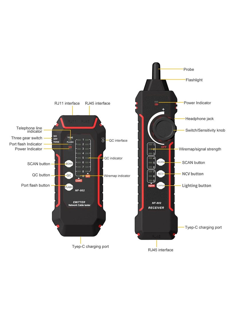 Line Finder, Network Wire Tracker, RJ11 RJ45 Network Cable Tester, Multifunction Anti-Interference Ethernet Cable Finder for Network Cable, Telephone Line, Neutral Wire and Live Wire