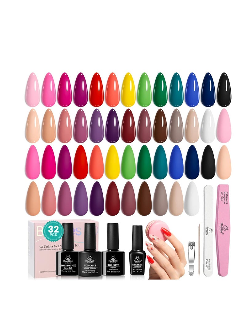 Beetles Gel Nail Polish 25 Colors Gel Polish Set Nude Blue Pink Red Gel Polish Chic Outfits Collection with 3Pcs Base Top Coat Gel Fall Manicure Kit Salon DIY Home Gift for Women Girls