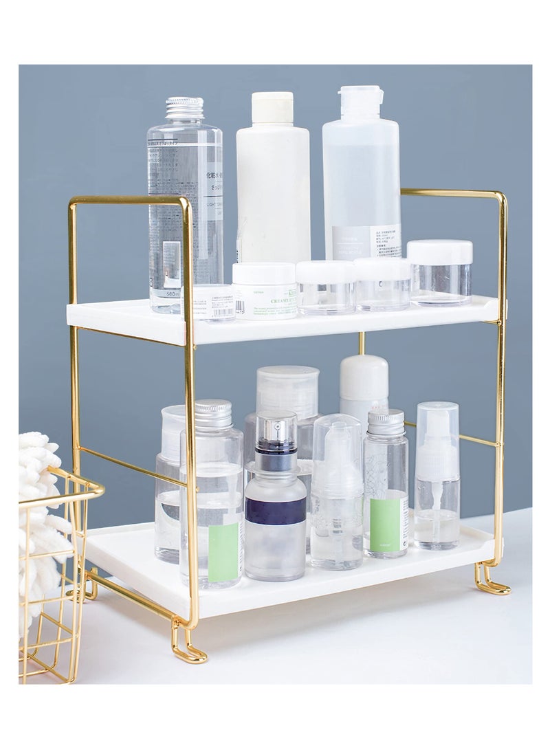 Bathroom Countertop Organizer, 2-tier Bathroom Organizer Counter Organizer and Storage Shelf Vanity Storage Tray Skincare Organizer (Gold, White)