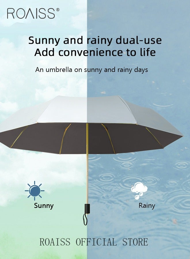 3 Fold Multi-functional Sun Umbrella with Super Sun and UV Protection Double-Layer Vinyl Sunshade 8 Rib Design for Rain and Shine Upf50+ Suitable for Commuting and Traveling Outdoors