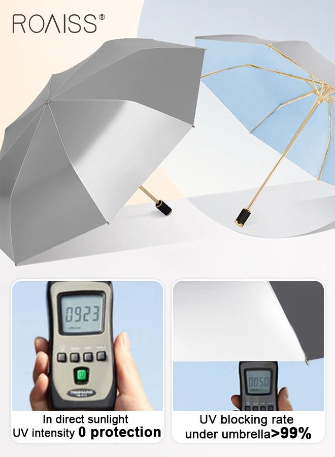 3 Fold Multi-functional Sun Umbrella with Super Sun and UV Protection Double-Layer Vinyl Sunshade 8 Rib Design for Rain and Shine Upf50+ Suitable for Commuting and Traveling Outdoors