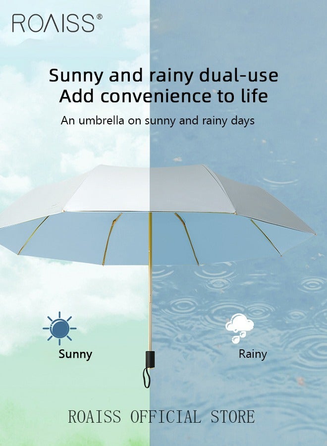 3 Fold Multi-functional Sun Umbrella with Super Sun and UV Protection Double-Layer Vinyl Sunshade 8 Rib Design for Rain and Shine Upf50+ Suitable for Commuting and Traveling Outdoors