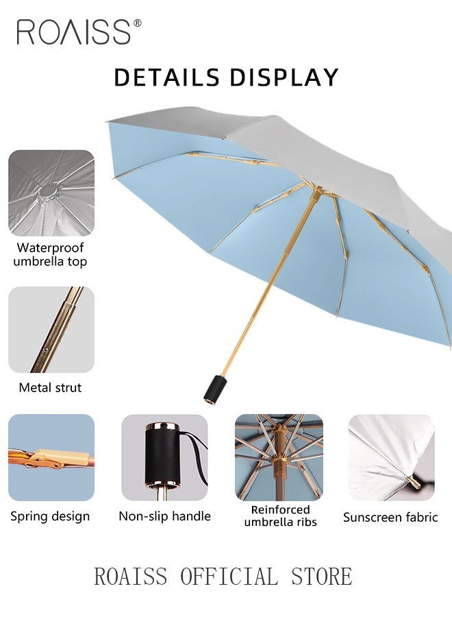 3 Fold Multi-functional Sun Umbrella with Super Sun and UV Protection Double-Layer Vinyl Sunshade 8 Rib Design for Rain and Shine Upf50+ Suitable for Commuting and Traveling Outdoors