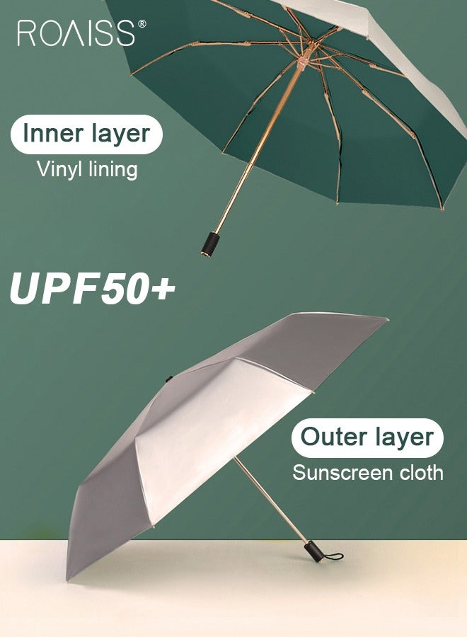 3 Fold Multi-functional Sun Umbrella with Super Sun and UV Protection Double-Layer Vinyl Sunshade 8 Rib Design for Rain and Shine Upf50+ Suitable for Commuting and Traveling Outdoors