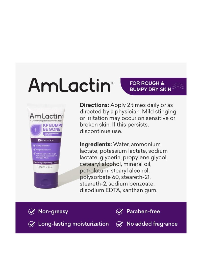 AmLactin KP Bumps Be Gone - 3 oz Keratosis Pilaris Moisturizing Cream with 15% Lactic Acid - Exfoliator and Moisturizer for Dry, Rough and Bumpy Skin, Pack of 2 (Packaging May Vary)