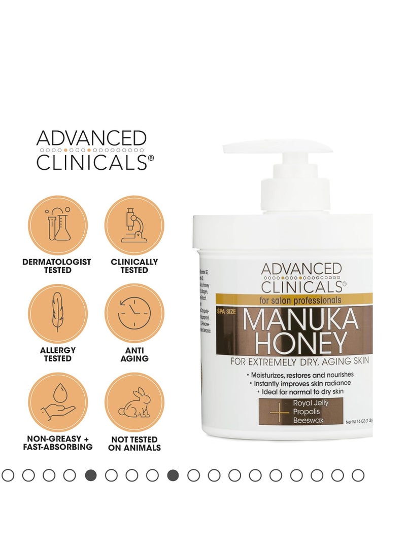 Advanced Clinicals Manuka Honey Cream Face Moisturizer & Body Butter Lotion For Dry Skin | Firming & Hydrating Miracle Balm Skin Care Moisturizing Lotion For Women, Wrinkles, & Sun Damaged Skin, 16oz