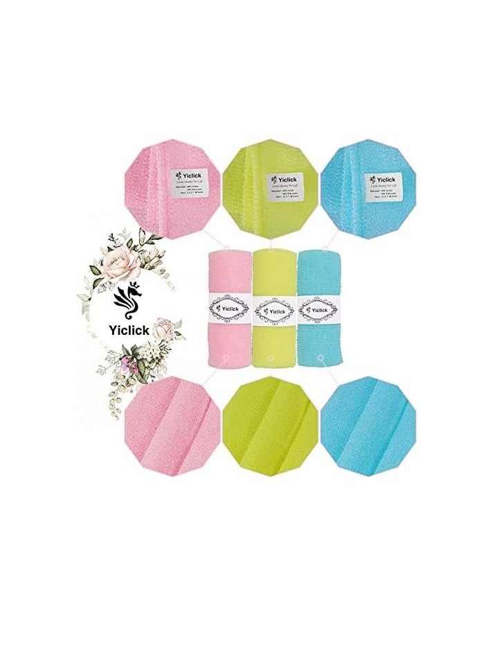 Yiclick Exfoliating Washcloth Towel [3 Pack], Japanese Exfoliating Bath Wash Cloth for Body Exfoliation, Korean Back Scrubber Washer for Shower, African Net Sponge Brush Loofah Exfoliator (Colors)