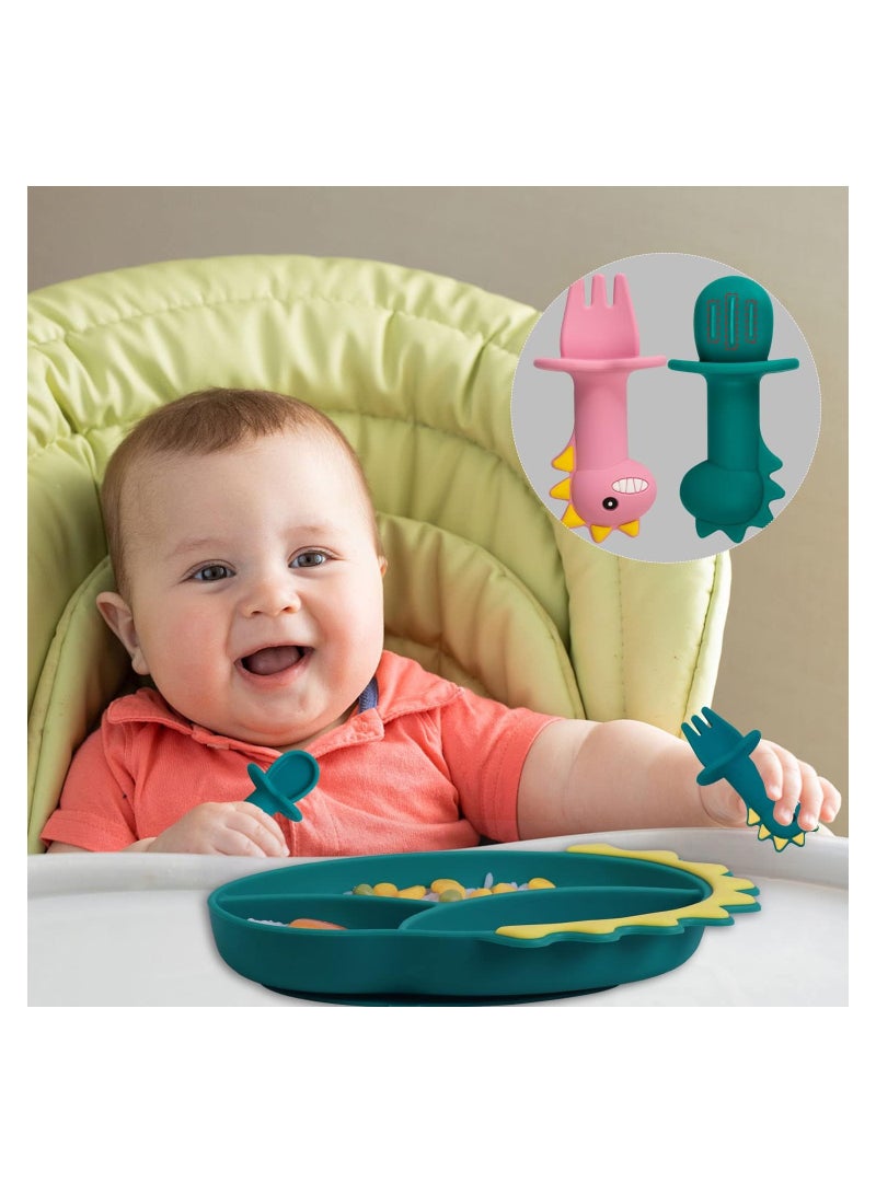 Silicone Toddler Plates Baby Feeding Set Silicone Suction Plates for Baby with Spoon and Fork Set Kids Divided Grip Dish Self Feeding Training Baby Dinner Plate Microwave Dishwasher Safe