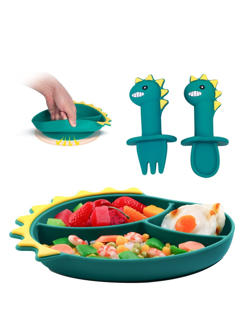 Silicone Toddler Plates Baby Feeding Set Silicone Suction Plates for Baby with Spoon and Fork Set Kids Divided Grip Dish Self Feeding Training Baby Dinner Plate Microwave Dishwasher Safe