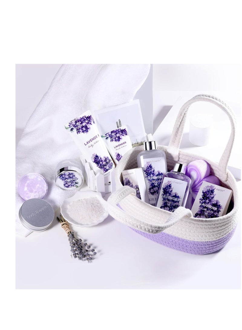 Spa Gift Baskets for Women - Body & Earth 11pcs Lavender Gift Sets with Bubble Bath, Shower Gel, Body Lotion, Birthday Gifts for Women, Spa Kit for Mom Gifts, Purple Gifts