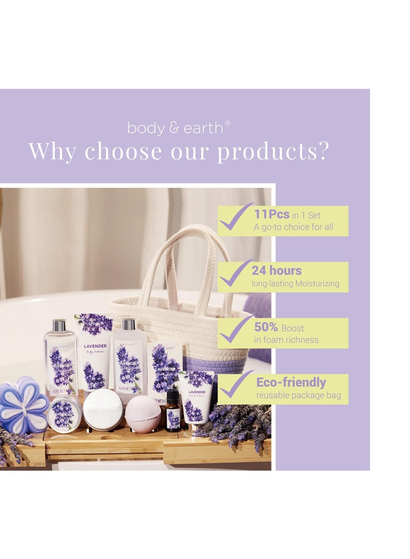 Spa Gift Baskets for Women - Body & Earth 11pcs Lavender Gift Sets with Bubble Bath, Shower Gel, Body Lotion, Birthday Gifts for Women, Spa Kit for Mom Gifts, Purple Gifts