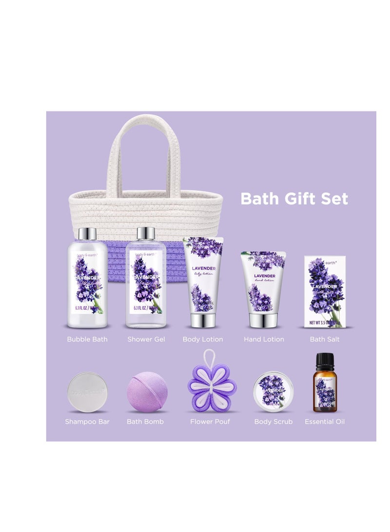 Spa Gift Baskets for Women - Body & Earth 11pcs Lavender Gift Sets with Bubble Bath, Shower Gel, Body Lotion, Birthday Gifts for Women, Spa Kit for Mom Gifts, Purple Gifts