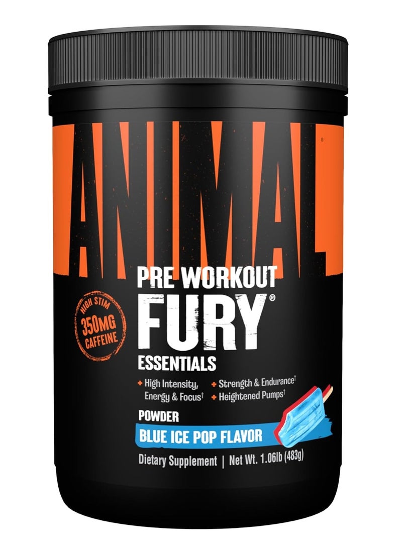 Animal Fury - Pre Workout Powder, Energy and Focus Supplement with 5g BCAA, 350 mg Caffeine, Beta-Alanine, Nitric Oxide Booster, Blue Ice Pop Flavor, 30 Servings