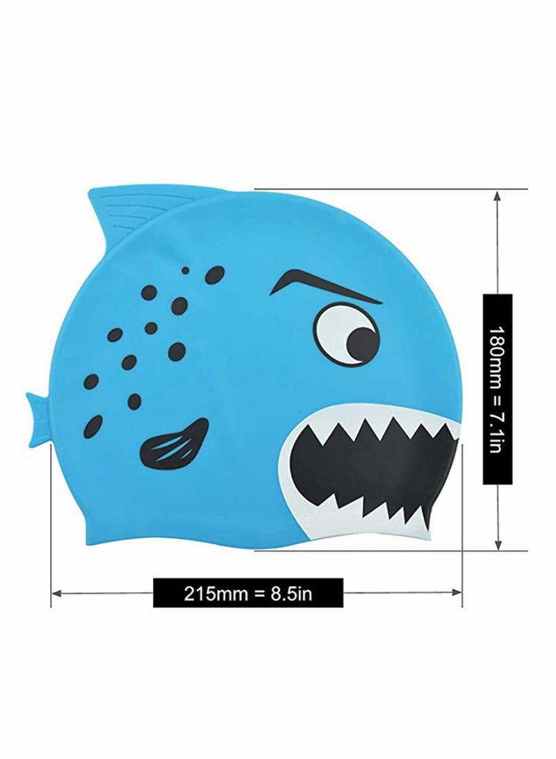 Kids Swimming Caps, Waterproof Silicone Swim Caps with Fun Animal Designs, Soft and Lightweight for Boys and Girls (Ages 3-12, Shark Pattern, Set of 2)