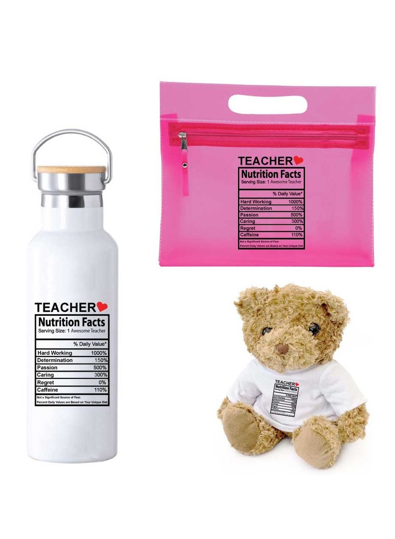 Teacher's Day Pack of 3 Combo Pack - Stainless Steel Bamboo Cap Flask Bottle 600ml, Pink Cosmetic Bag and Teddy Bear - Teacher's Day Gift Set - Gift for World Teachers Day