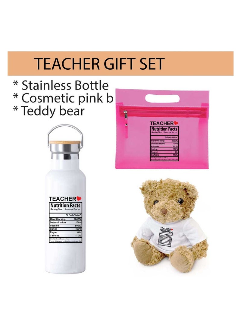 Teacher's Day Pack of 3 Combo Pack - Stainless Steel Bamboo Cap Flask Bottle 600ml, Pink Cosmetic Bag and Teddy Bear - Teacher's Day Gift Set - Gift for World Teachers Day