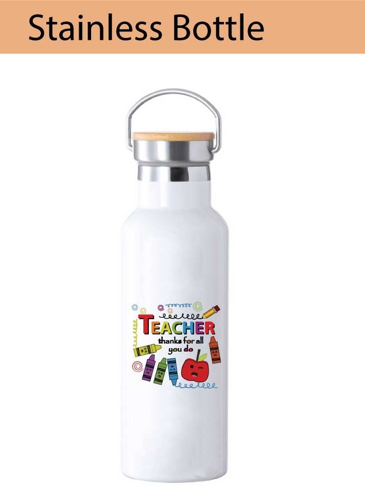 Teacher's Day Pack of 3 Combo Pack - Stainless Steel Bamboo Cap Flask Bottle 600ml, Pink Cosmetic Bag and Teddy Bear - Teacher's Day Gift Set - Gift for World Teachers Day