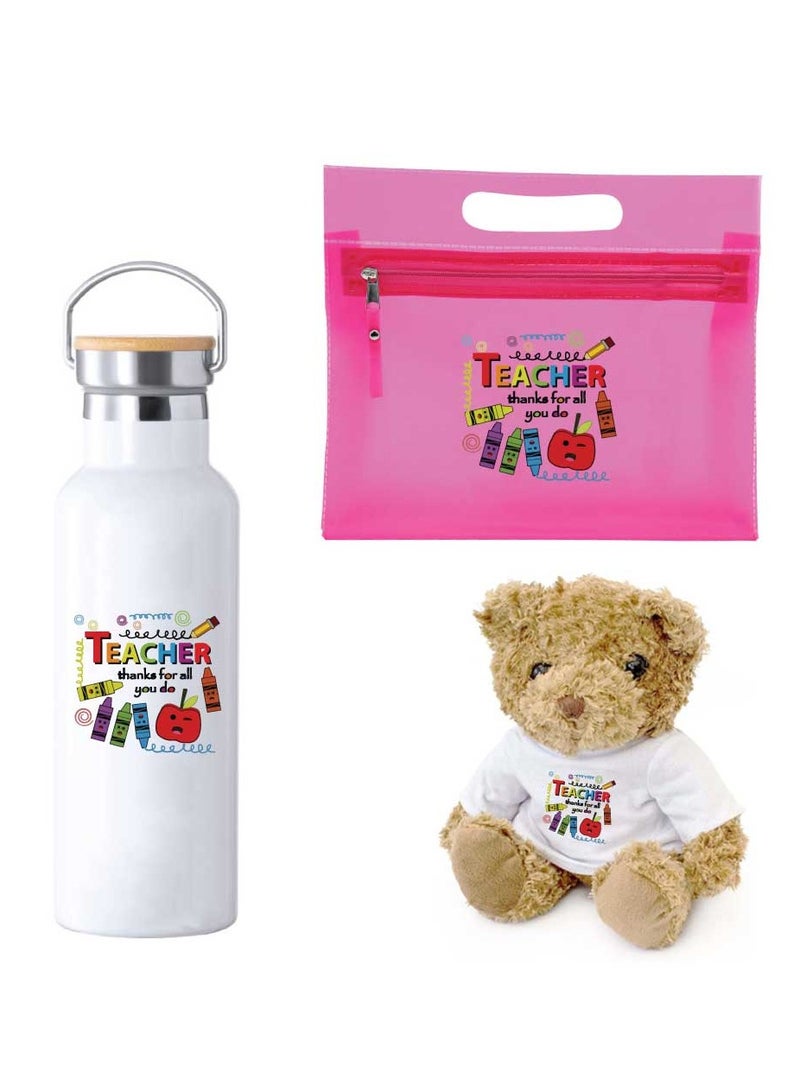 Teacher's Day Pack of 3 Combo Pack - Stainless Steel Bamboo Cap Flask Bottle 600ml, Pink Cosmetic Bag and Teddy Bear - Teacher's Day Gift Set - Gift for World Teachers Day