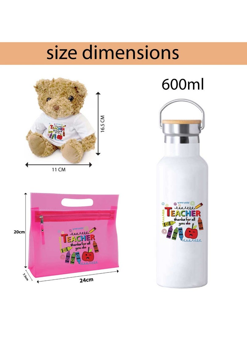 Teacher's Day Pack of 3 Combo Pack - Stainless Steel Bamboo Cap Flask Bottle 600ml, Pink Cosmetic Bag and Teddy Bear - Teacher's Day Gift Set - Gift for World Teachers Day