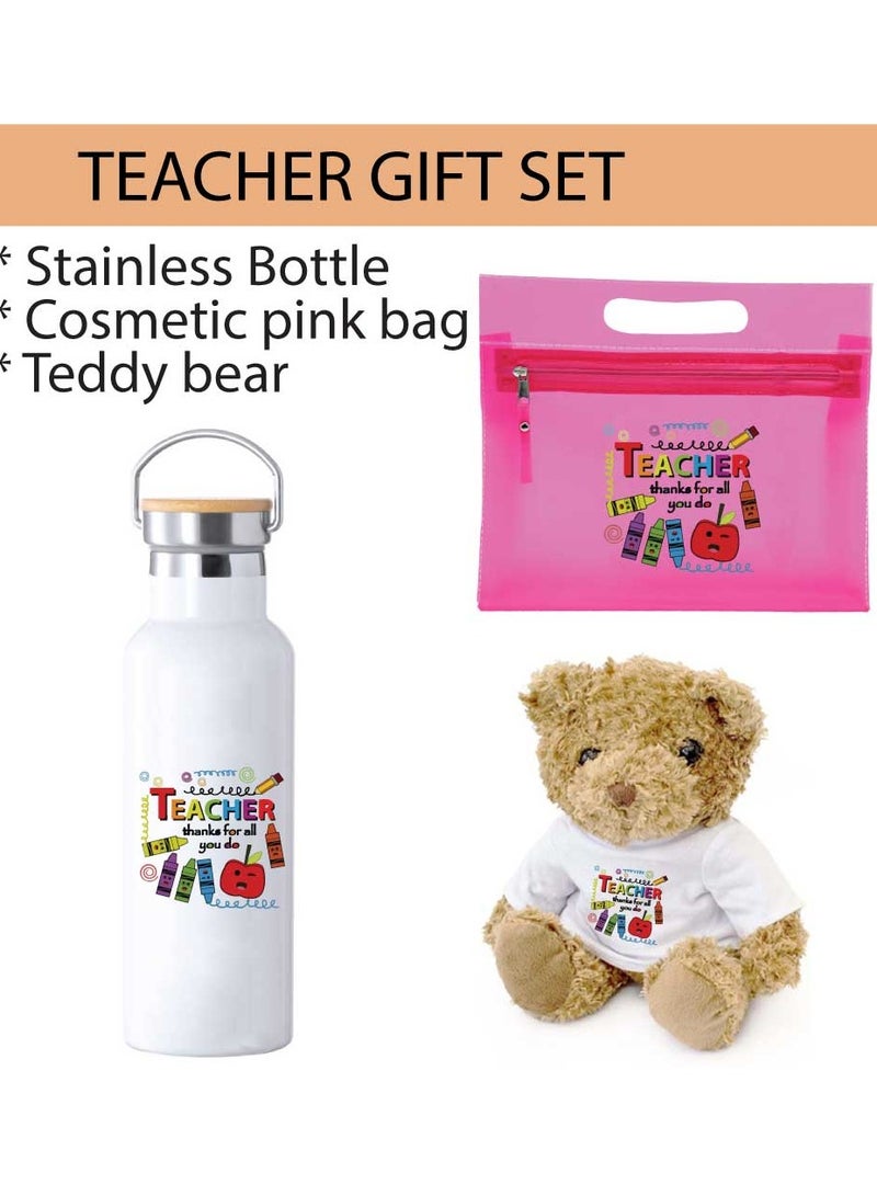 Teacher's Day Pack of 3 Combo Pack - Stainless Steel Bamboo Cap Flask Bottle 600ml, Pink Cosmetic Bag and Teddy Bear - Teacher's Day Gift Set - Gift for World Teachers Day