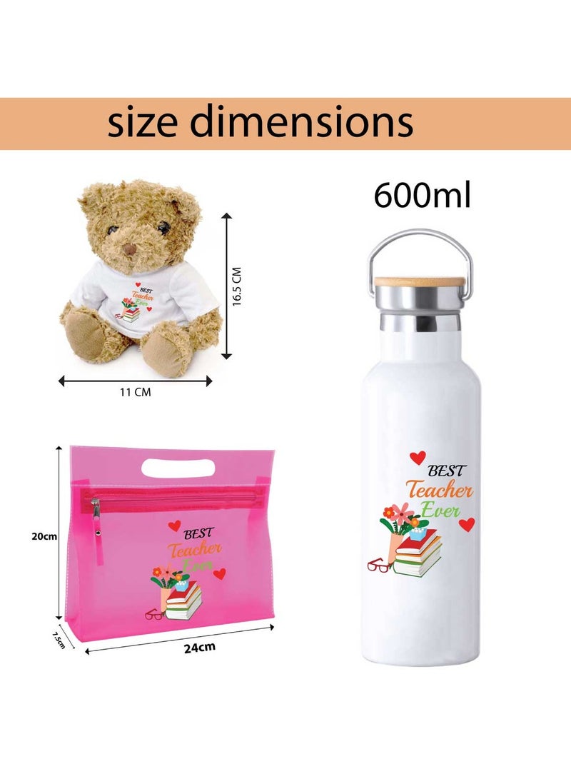 Teacher's Day Pack of 3 Combo Pack - Stainless Steel Bamboo Cap Flask Bottle 600ml, Pink Cosmetic Bag and Teddy Bear - Teacher's Day Gift Set - Gift for World Teachers Day