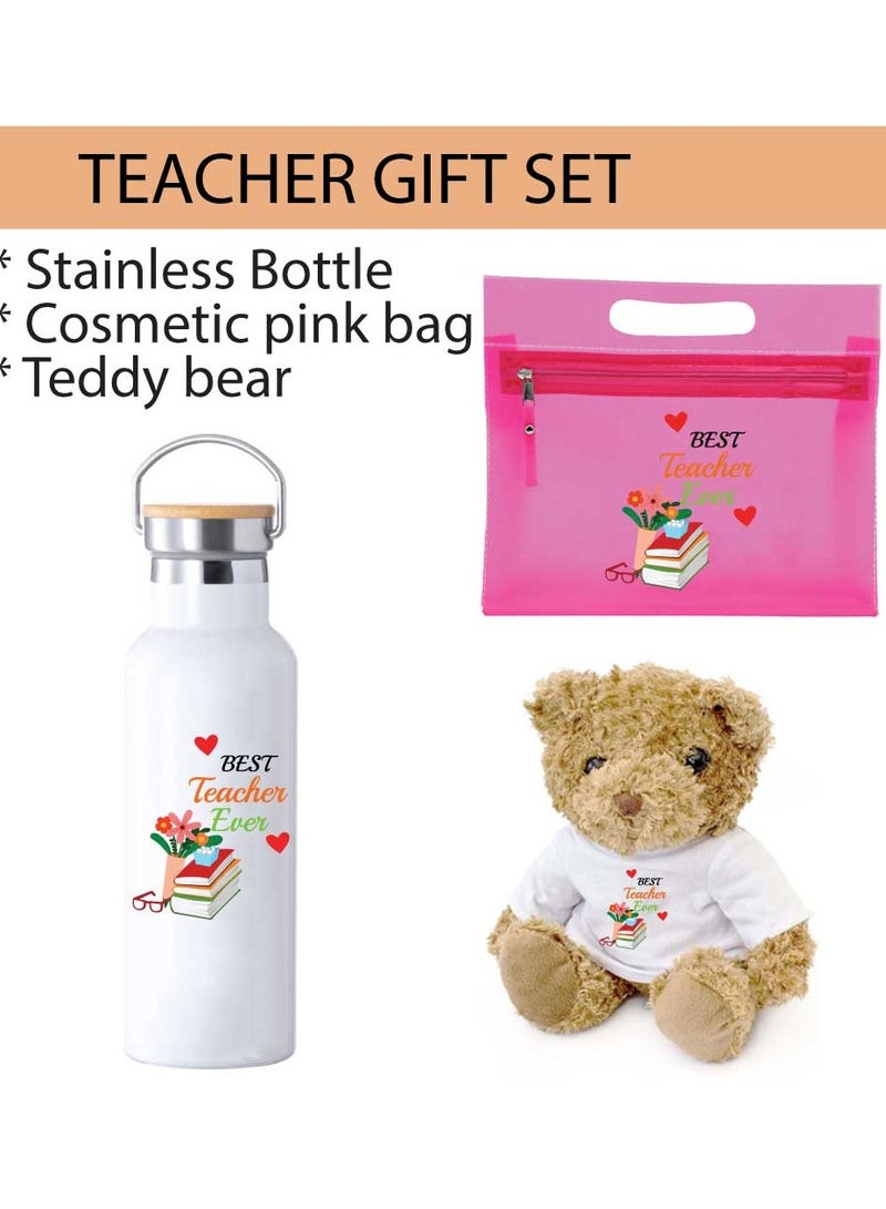 Teacher's Day Pack of 3 Combo Pack - Stainless Steel Bamboo Cap Flask Bottle 600ml, Pink Cosmetic Bag and Teddy Bear - Teacher's Day Gift Set - Gift for World Teachers Day