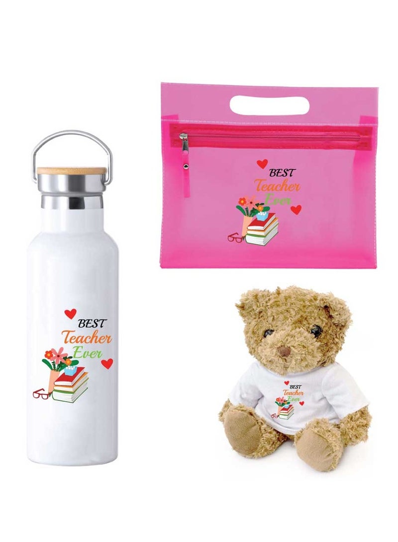 Teacher's Day Pack of 3 Combo Pack - Stainless Steel Bamboo Cap Flask Bottle 600ml, Pink Cosmetic Bag and Teddy Bear - Teacher's Day Gift Set - Gift for World Teachers Day