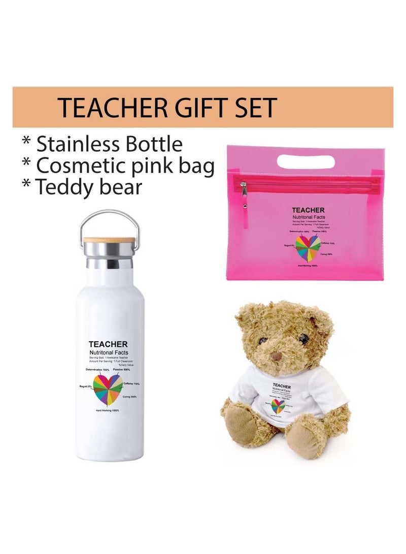 Teacher's Day Pack of 3 Combo Pack - Stainless Steel Bamboo Cap Flask Bottle 600ml, Pink Cosmetic Bag and Teddy Bear - Teacher's Day Gift Set - Gift for World Teachers Day