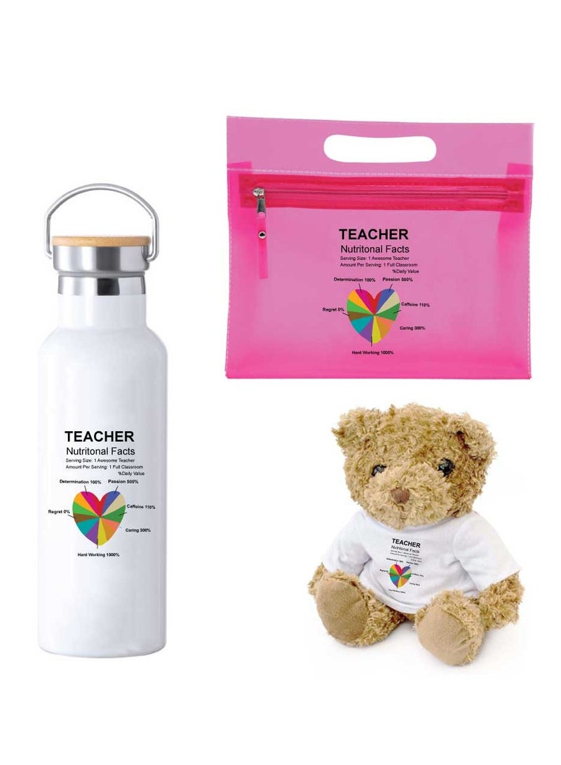 Teacher's Day Pack of 3 Combo Pack - Stainless Steel Bamboo Cap Flask Bottle 600ml, Pink Cosmetic Bag and Teddy Bear - Teacher's Day Gift Set - Gift for World Teachers Day