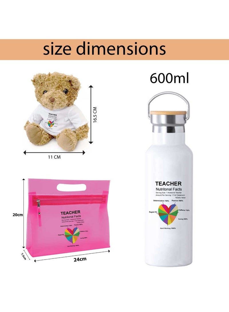 Teacher's Day Pack of 3 Combo Pack - Stainless Steel Bamboo Cap Flask Bottle 600ml, Pink Cosmetic Bag and Teddy Bear - Teacher's Day Gift Set - Gift for World Teachers Day