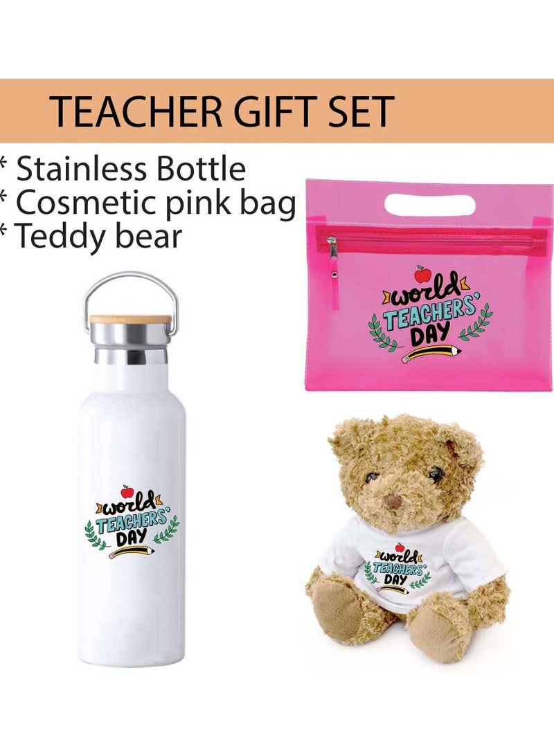 Teacher's Day Pack of 3 Combo Pack - Stainless Steel Bamboo Cap Flask Bottle 600ml, Pink Cosmetic Bag and Teddy Bear - Teacher's Day Gift Set - Gift for World Teachers Day