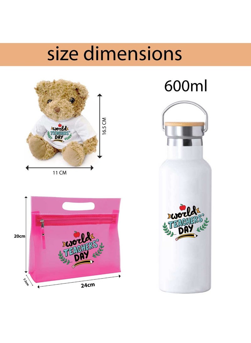 Teacher's Day Pack of 3 Combo Pack - Stainless Steel Bamboo Cap Flask Bottle 600ml, Pink Cosmetic Bag and Teddy Bear - Teacher's Day Gift Set - Gift for World Teachers Day