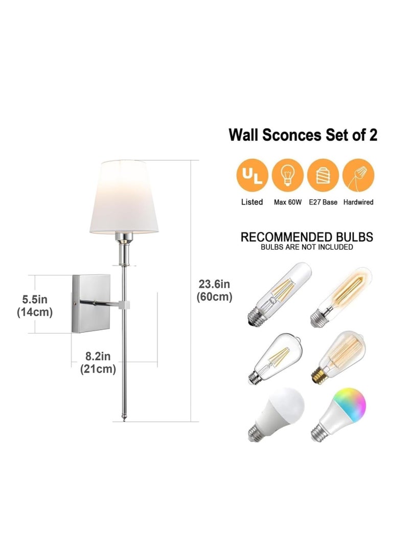 2 Pcs Slim Wall Sconces with Fabric Shade Industrial Wall Lighting Lamps Fixtures Wall Mounted Sconce for Mirror Hallway Kitchen Bedroom Living Room Bathroom Silver