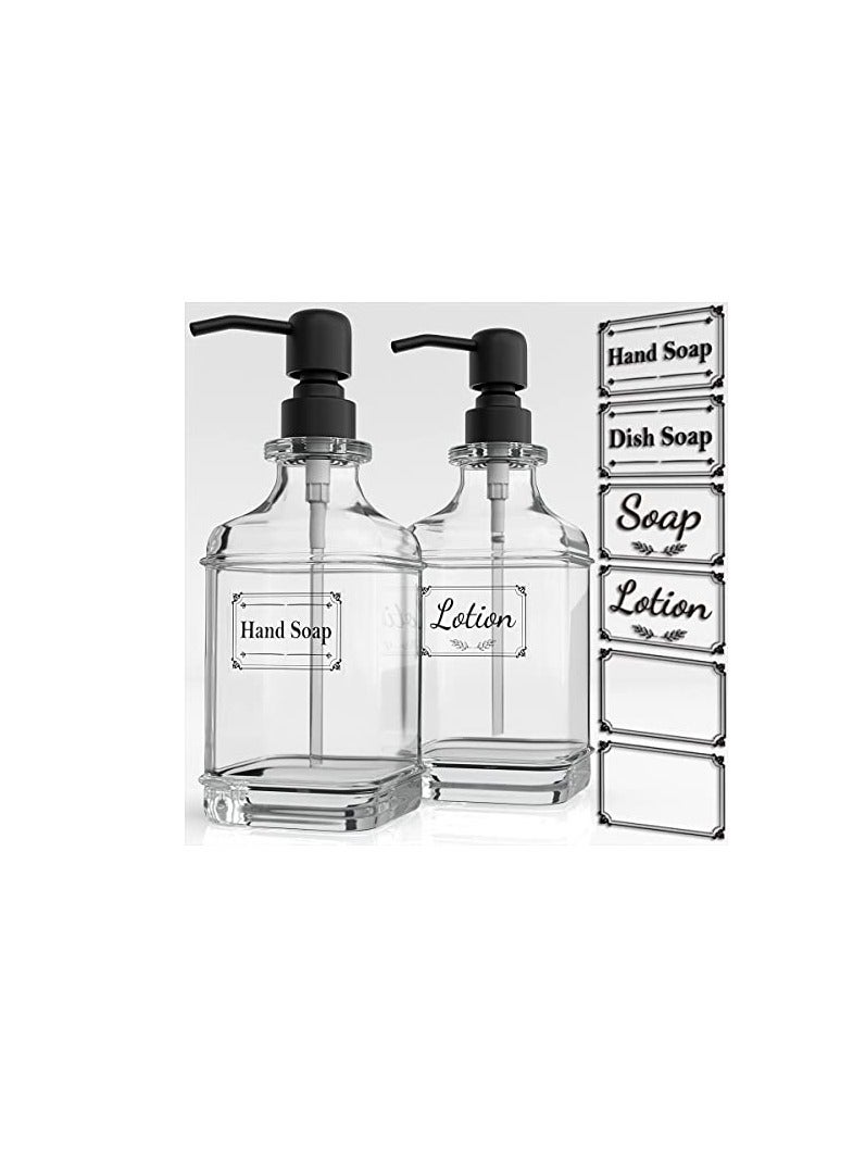 Soap Dispenser - 2 Pack, 18 Oz Antique Design Thick Glass Hand Soap Dispensers, Refillable Glass Soap Dispenser with 10Pcs Clear Stickers, Premium Kitchen & Bathroom Soap Dispenser - Black