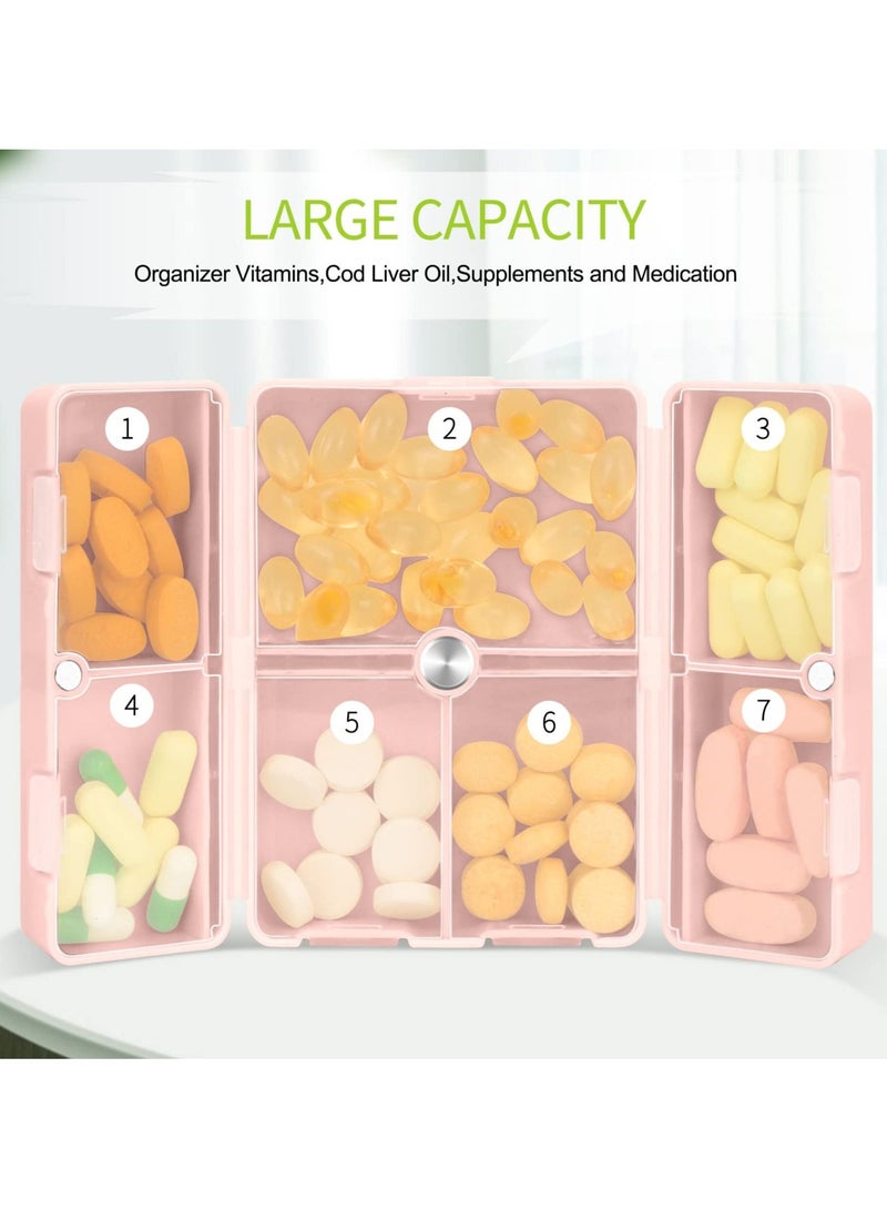 SYOSI 2 Pcs Pill Organizers, Portable Daily Pill Organizer Box 7 Compartments Travel Pill Case Pocket Pill Box for Vitamins, Cod Liver Oil, Supplements and Medication (Pink)