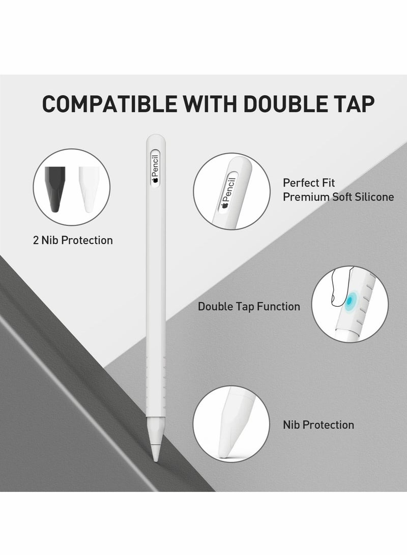 Case Fit for Apple Pencil 2nd Generation: 2 Pack Protective Silicone Cover + 4 Nibs Cover for iPad Pro 11 12.9 Inch, Soft Sleeve Compatible with Magnetic Charging and Double Tap (Black,White)
