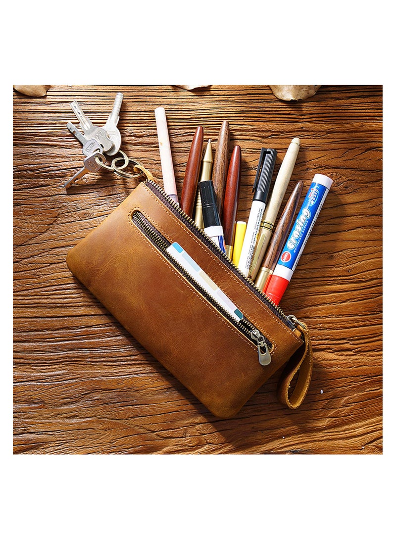 Leather Pencil Case Pouch, Leather Pen Case with Zipper, Handcrafted Vegan Leather Pen Pouch Stationery Storage Organizer Bag, Office Supply Pouch with Zip Pocket and Keyring for Men Women (Brown)