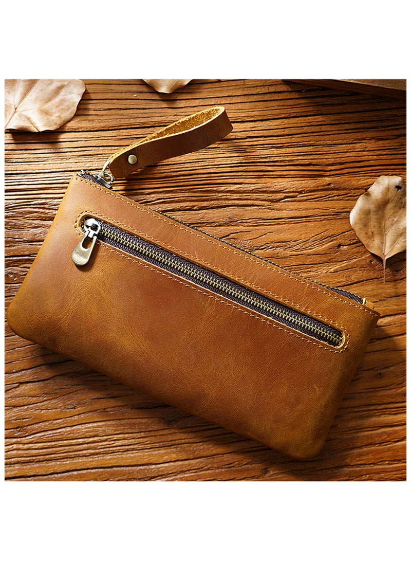 Leather Pencil Case Pouch, Leather Pen Case with Zipper, Handcrafted Vegan Leather Pen Pouch Stationery Storage Organizer Bag, Office Supply Pouch with Zip Pocket and Keyring for Men Women (Brown)