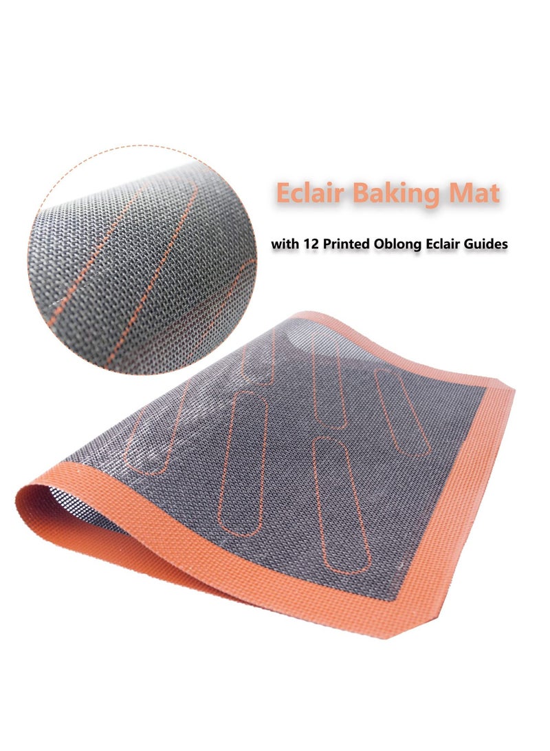 Perforated Silicone Baking Mats, 2 PCS Eclair Silicone Mat for Half Sheet with 12 Printed Oblong Eclair Guides, Non-Stick Reusable Oven Liners for Making Bread/Pizza/Pastry/Cookie 42*29.5cm