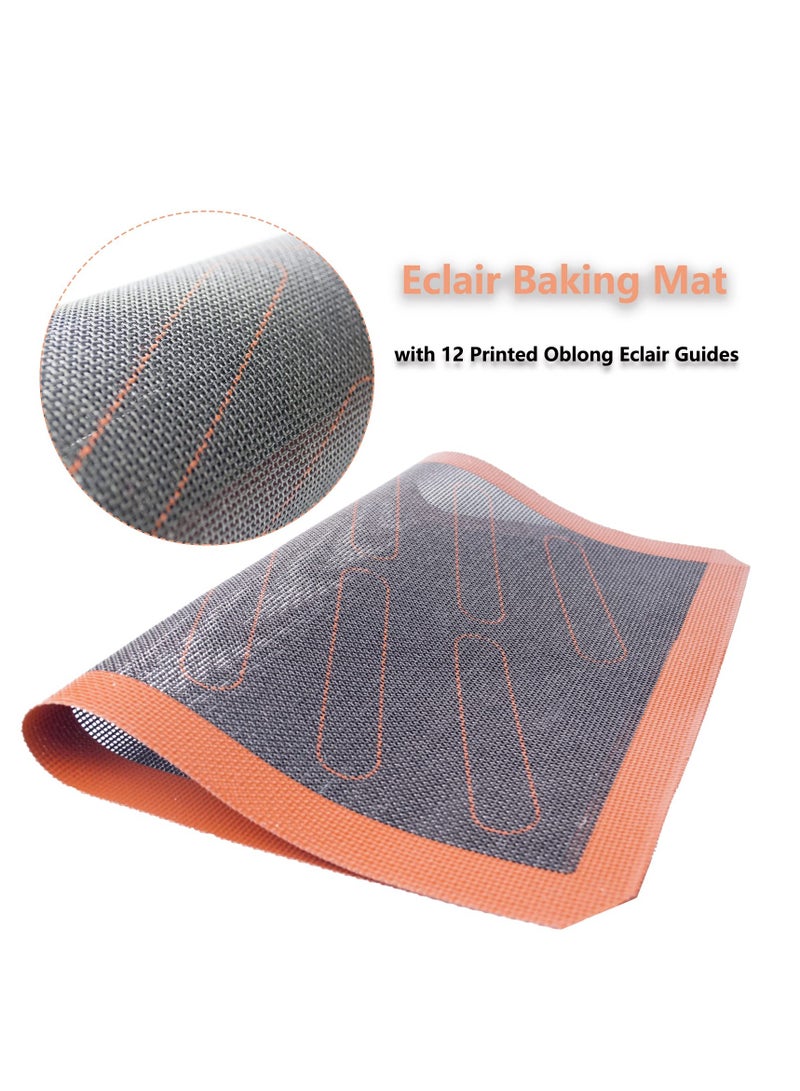 Perforated Silicone Baking Mats, 2 PCS Eclair Silicone Mat for Half Sheet with 12 Printed Oblong Eclair Guides, Non-Stick Reusable Oven Liners for Making Bread/Pizza/Pastry/Cookie 42*29.5cm